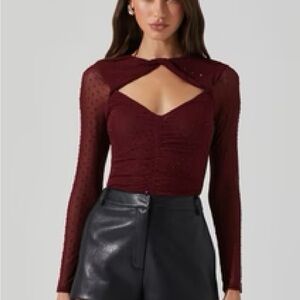 Astr Burgundy Cutout Mesh Long-Sleeve Bodysuit
